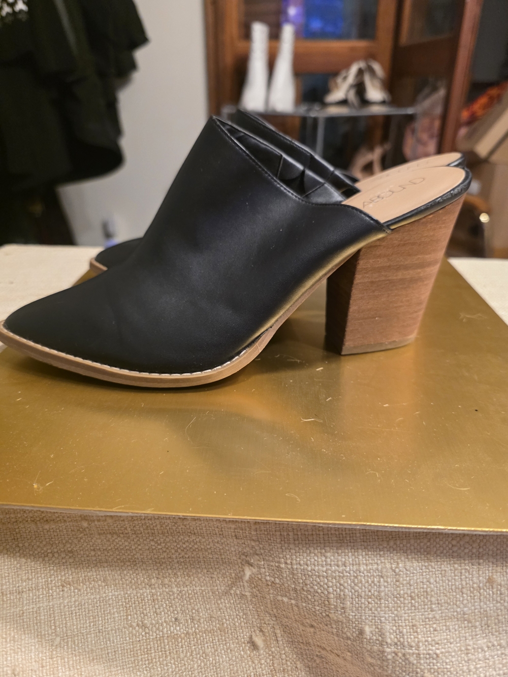 Abound Black Leather Slip-On Mules with Stacked Wood Block Heel
